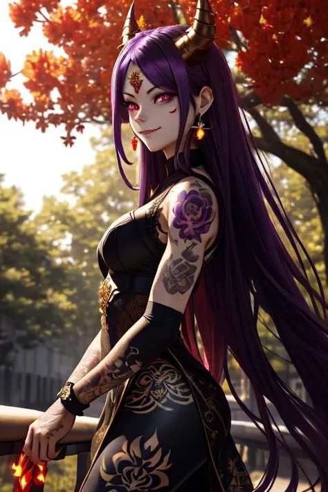 high quality. masterpiece, 8k, street, tree, road, tree canopy, upper body, face focus, 1girl, arrogant, mei, horns, long hair, (purple eyes:1.1), purple Amethyst hair, evil smile, big grin, golden red copper sliver tattoo black leggings, Amethyst laced glow tattoo black bodystockings, lace fractal red and golden glow enhanced skeleton Amethyst black tattoo bodysuit, red flower tattoo, long glow hair, glow golden earrings, red eyes, white face, tattoo mark mask tattoo, arrogant, she is standing, sunlit, weak lights and shadow, tree canopy, street, red flowers, evergreen, face focus,