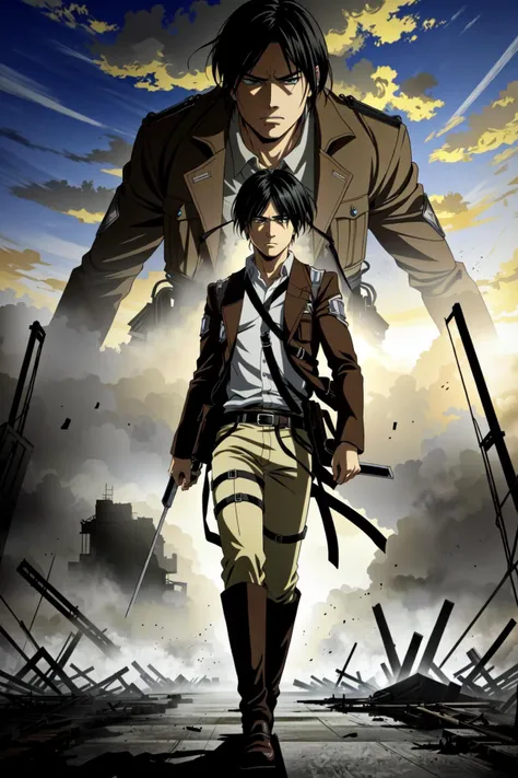 masterpiece of anime, best cinema quality, volumetric lighting and shadows
1boy, levi from attack on titan, fighting against a Titan, Hajime Isayama style
destroyed city of attack on titan background