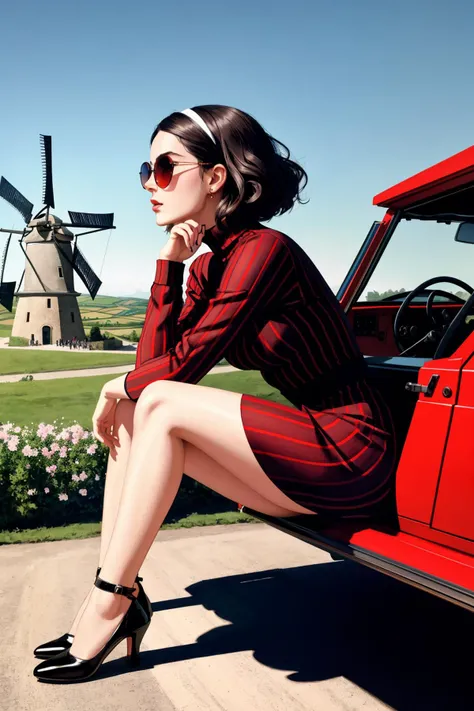 masterpiece of photorealism, photorealistic highly detailed professional 8k raw photography, best hyperrealistic quality, volumetric real-time lighting and shadows, front profile full body Photography, a hip hop 80's British model woman with 50's haircut, in a white and red zig zag stripes turtleneck dress and large sunglasses, Inverted Triangle with Petite Frame: Broader shoulders and bust with a narrower waist and petite frame, art by Sergio Lopez , Natalie Shau, james jean and salvador dali, Sitting on Edge: Seated on the edge of a surface, conveying confidence., Windmills in Countryside full of busy people, Dynamic Striding Perspective, Mid-Step