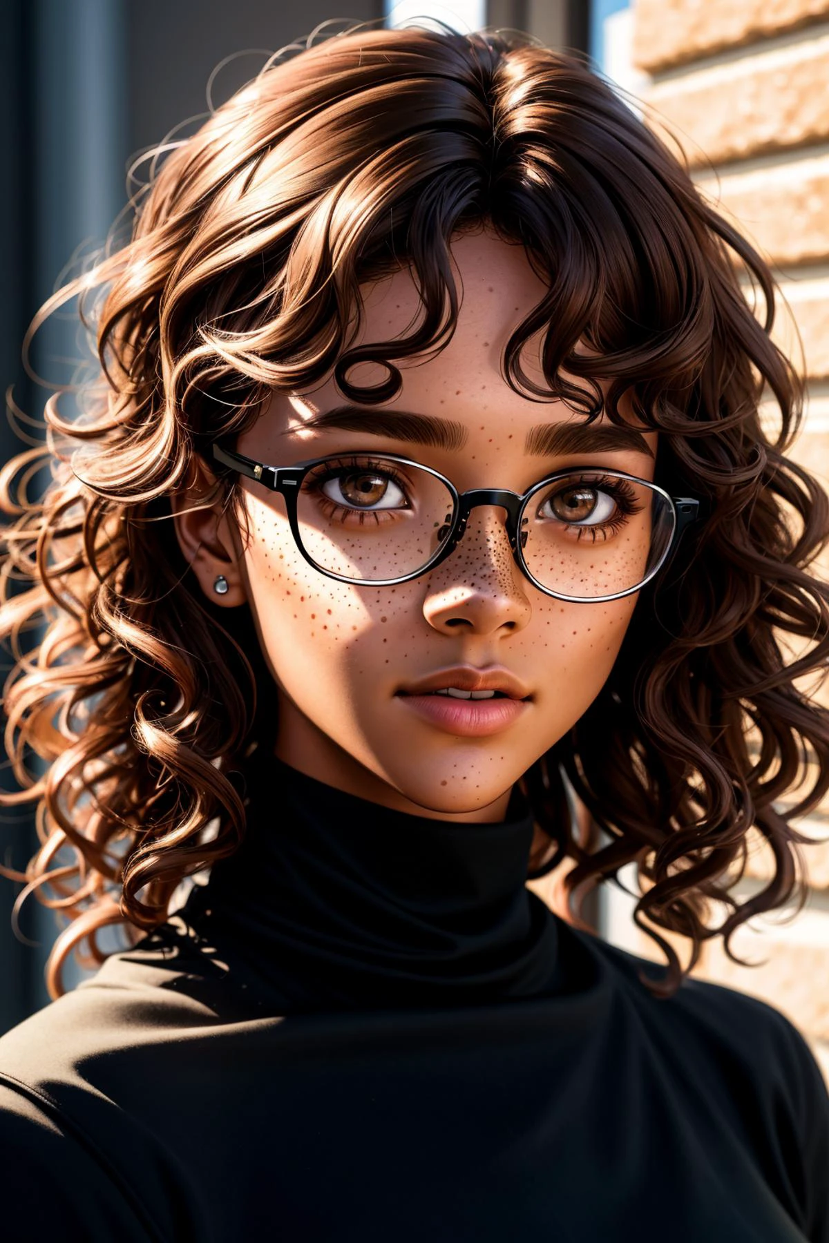 masterpiece of photorealism, highly detailed photorealistic 8k profesional raw photography, best quality, volumetric Real-Time lighting and shadows, short light skinned black female, long curly with no frizz brown hair, glasses, freckles, brown eyes, no imperfections