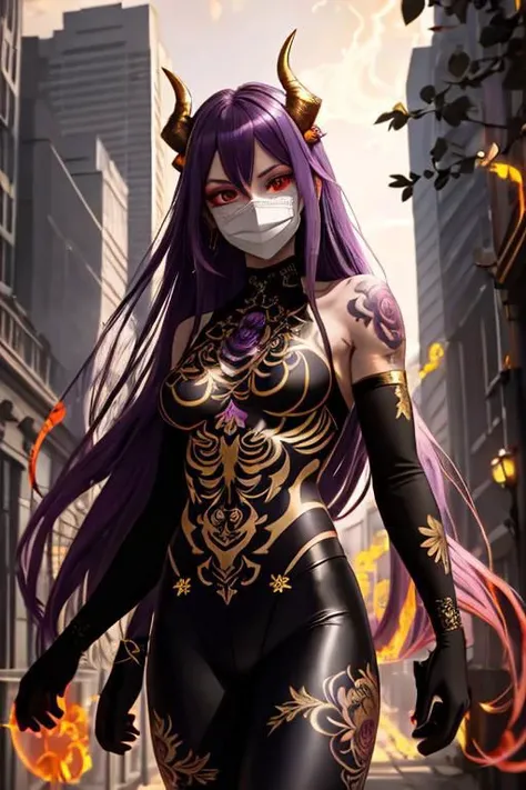 high quality. masterpiece, 8k, street, tree, road, tree canopy, upper body, face focus, 1girl, arrogant, mei, horns, long hair, (purple eyes:1.1), purple Amethyst hair, evil smile, big grin, golden red copper sliver tattoo black leggings, Amethyst laced glow tattoo black bodystockings, lace fractal red and golden glow enhanced skeleton Amethyst black tattoo bodysuit, red flower tattoo, long glow hair, glow golden earrings, red eyes, white face, tattoo mark mask tattoo, arrogant, she is standing, sunlit, weak lights and shadow, tree canopy, street, red flowers, evergreen, face focus,