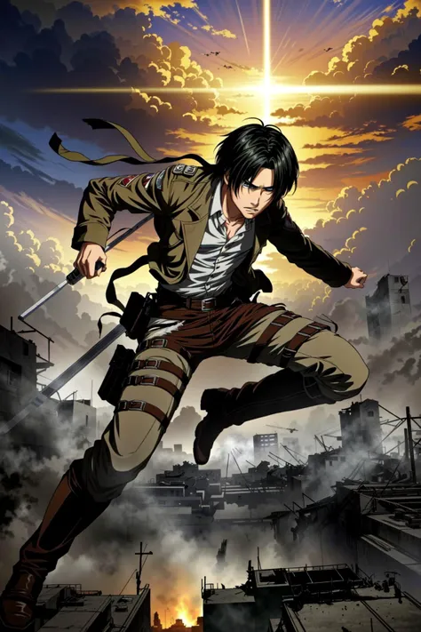 masterpiece of anime, best cinema quality, volumetric lighting and shadows
1boy, levi from attack on titan, fighting against a Titan from attack on titan, Hajime Isayama style
destroyed city of attack on titan background <lora:image enhancer extreme_v1:1>