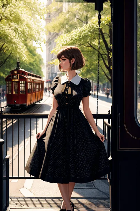 masterpiece of photorealism, photorealistic highly detailed professional 8k raw photography, best hyperrealistic quality, volumetric real-time lighting and shadows, young woman, Hourglass: Balanced proportions with a well-defined waist, similar bust and hip measurements, pixie cut brown, Pensive Window Gaze: Looking out of a window with a reflective expression., **Retro Polka Dot Swing Dress with Mary Jane Shoes**, Historic Trams in European Cities full of busy people, Dynamic Follow Shot through a Forest Canopy