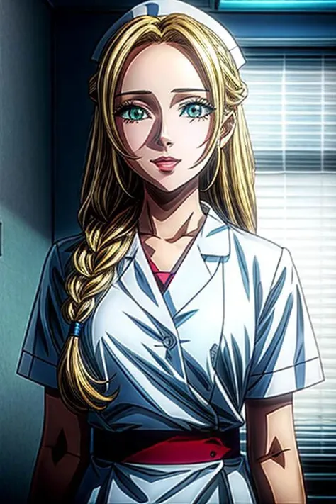 (high quality) (masterpiece) A scene of an anime girl with a patient gown in the hospital, with a conforting nurse very long blonde hair and light green eyes, emotional scene, various scene.