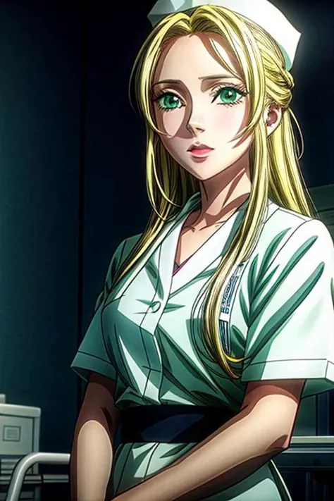 (high quality) (masterpiece) A scene of an anime girl with a patient gown in the hospital, with a conforting nurse very long blonde hair and light green eyes, emotional scene, various scene.