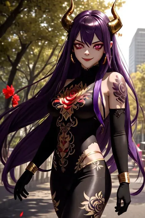 high quality. masterpiece, 8k, street, tree, road, tree canopy, upper body, face focus, 1girl, arrogant, mei, horns, long hair, (purple eyes:1.1), purple Amethyst hair, evil smile, big grin, golden red copper sliver tattoo black leggings, Amethyst laced glow tattoo black bodystockings, lace fractal red and golden glow enhanced skeleton Amethyst black tattoo bodysuit, red flower tattoo, long glow hair, glow golden earrings, red eyes, white face, tattoo mark mask tattoo, arrogant, she is standing, sunlit, weak lights and shadow, tree canopy, street, red flowers, evergreen, face focus,