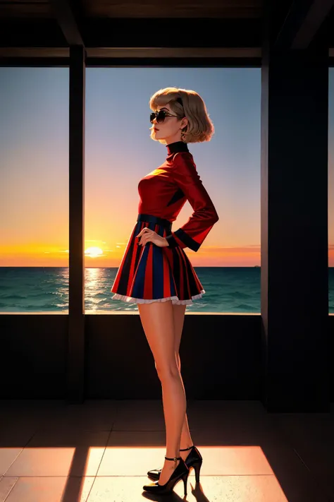 masterpiece of photorealism, photorealistic highly detailed professional 8k raw photography, best hyperrealistic quality, volumetric real-time lighting and shadows, front profile full body Photography, a hip hop 80's British model woman with 50's haircut, in a white and red zig zag stripes turtleneck dress and large sunglasses, Tall: Taller in stature with proportional body features, art by Sergio Lopez , Natalie Shau, james jean and salvador dali, Power Stance: Legs shoulder-width apart, hands on hips, looking confident., Waterfront Cafés by the Sea full of busy people, Panning Shot of a Vibrant Sunset