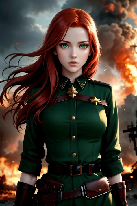 mulher, 30 anos, Captain of the Armed Forces, Traje militar, artistic work, perfection, Olhos de fogo, cabelo feito de luz, red hair, surrealismo, 8k, super detalhe, pov