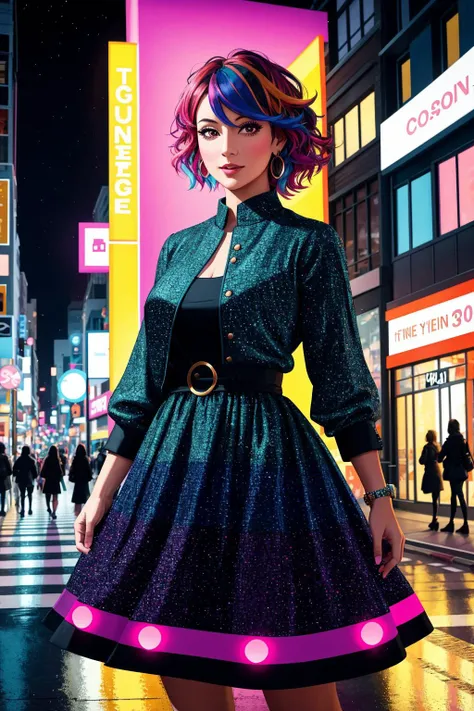 Create a digital painting of a 35-year-old female standing in the middle of a busy city street at night, with colored lights illuminating the scene. The subject is wearing a vibrant dress with a bold pattern, and she has a confident expression on her face. The painting is rendered in exquisite detail, with the colors and lighting giving the scene a vibrant and energetic feel