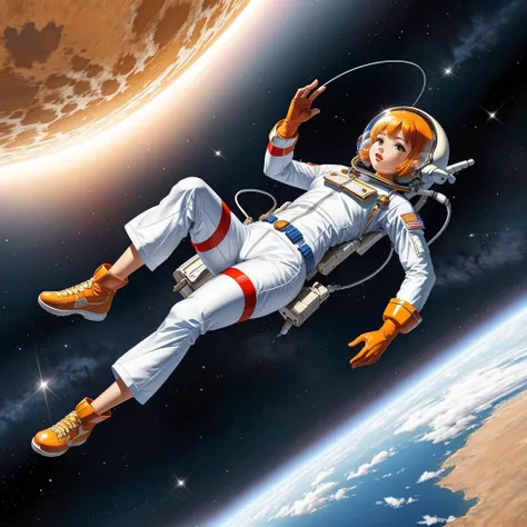 an astronaut floating in space outside a spaceship <lora:Atompunk:0.85> atmpkart