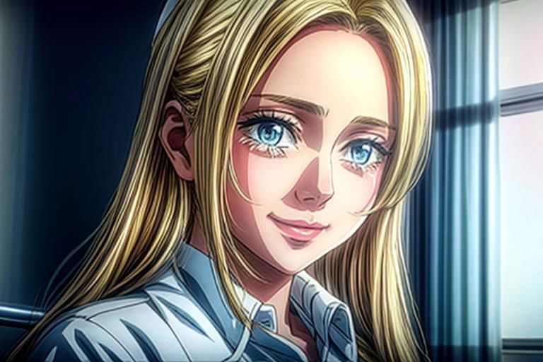 A woman with long blonde hair and blue eyes in a room - SeaArt AI