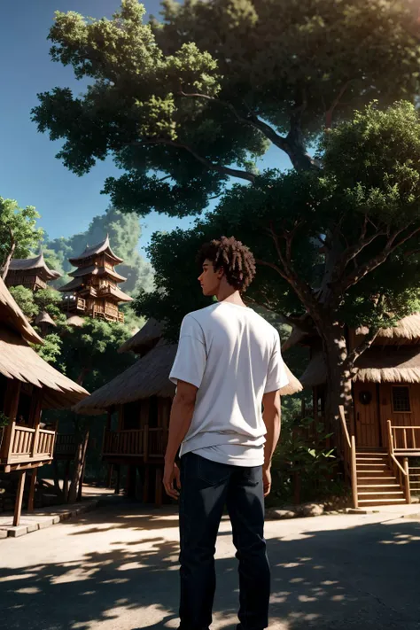photorealistic highly detailed 8k photography, best street shot quality, volumetric lighting, plain clean earthy young man, casual street wear, Standing Sideways, Looking Over Shoulder, realistic skin and hair texture, 360-Degree Panoramic View, Treehouse Villages full of busy people