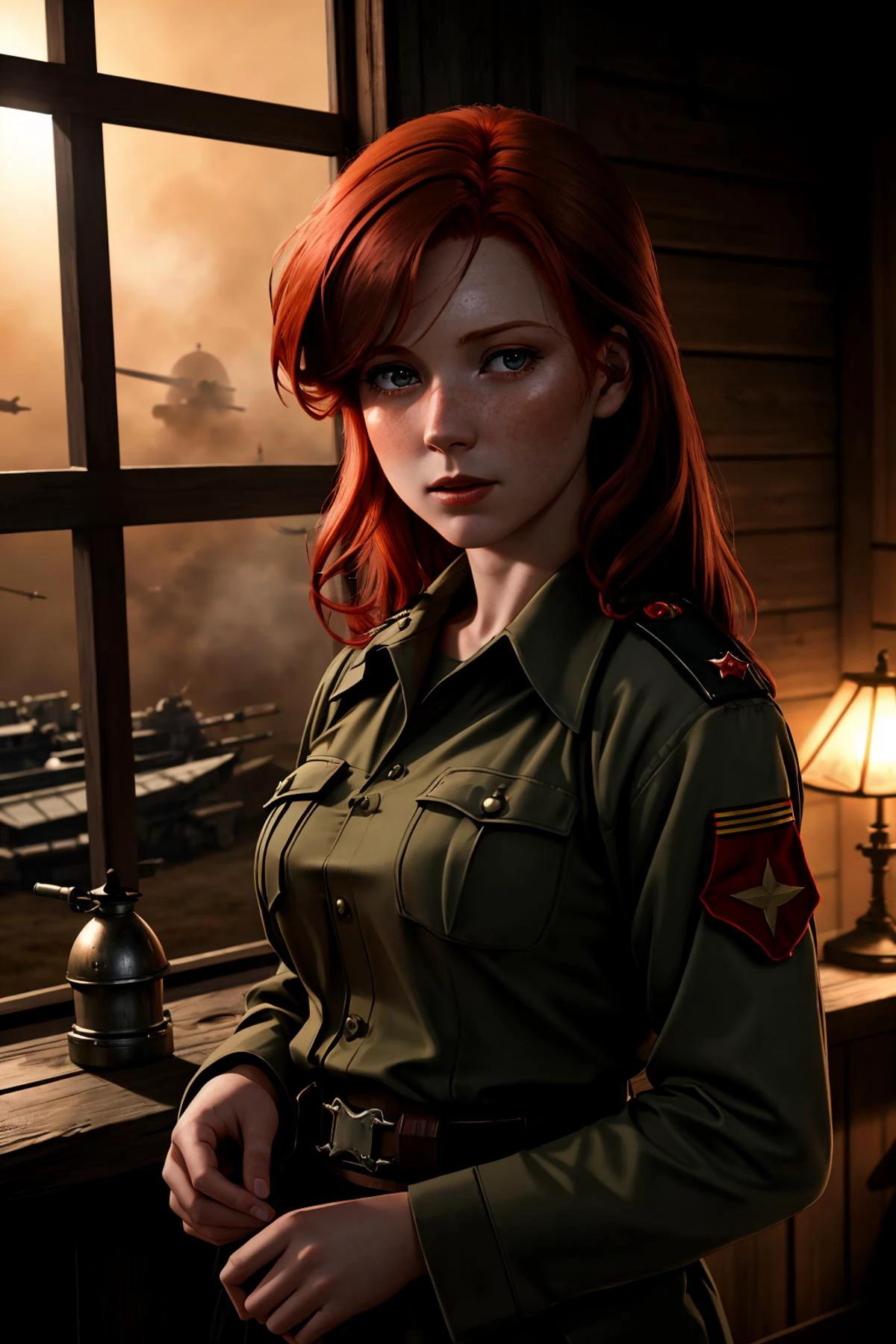 Photorealistic Highly detailed raw 8k photography masterpiece, volumetric lighting and shadows, (Enchanting redhead in wartime drama:1.3), Detailed conflict chaos, (Intense war ambiance:1.2), Raw photography quality, Highly detailed protagonist, Emotional depth, Raw imagery at the highest quality