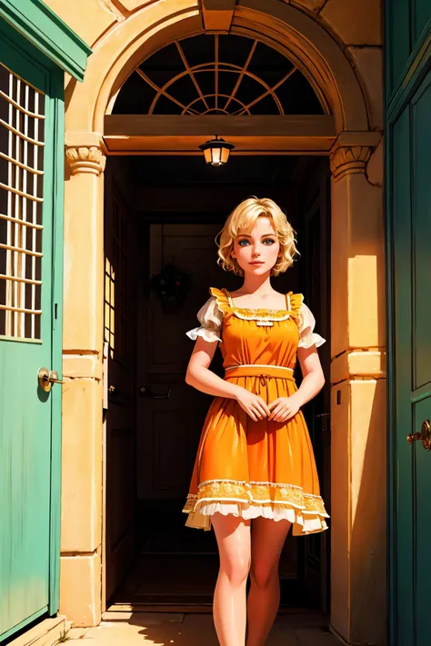 Photorealistic Highly detailed raw 8k photography masterpiece, volumetric lighting and shadows, Blond very short hair young woman in Bright Orange rfdrss, Content, Light Green eyes, Colorful Doorways in Old Towns background <lora:ruffled dress v4.3:1>