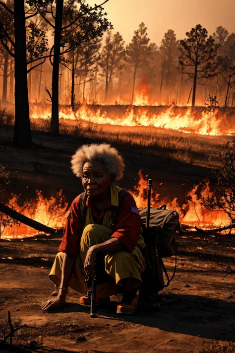 Photorealistic Highly detailed raw 8k photography masterpiece, volumetric lighting and shadows, A Zulu old woman in a Scorched Earth Scorched by Wildfires landscape