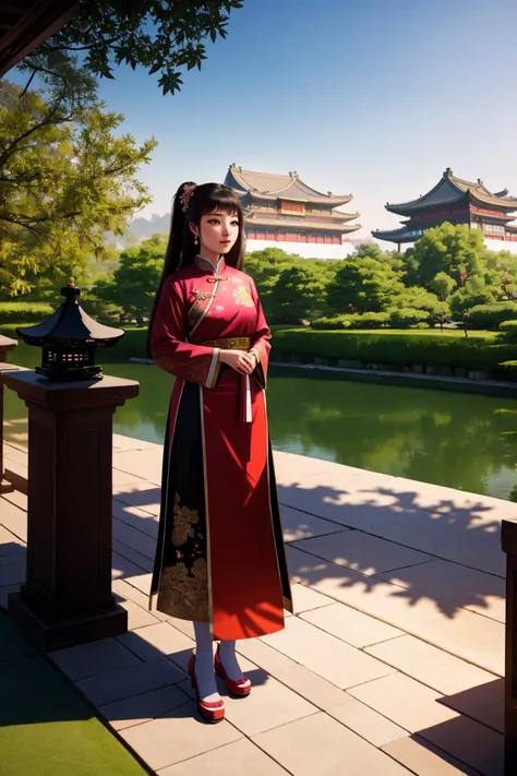 Photorealistic Highly detailed raw 8k photography masterpiece, volumetric lighting and shadows, A High-Tech young woman in a Chinese Imperial Palaces and Gardens landscape, blush