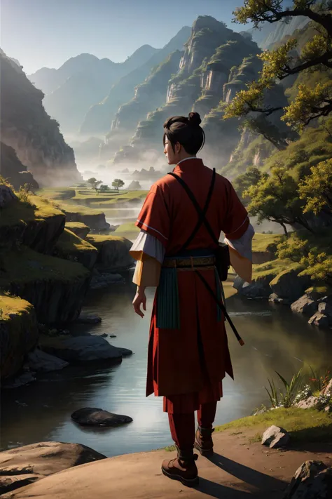 Photorealistic Highly detailed raw 8k photography masterpiece, volumetric lighting and shadows, A Yuan Dynasty male in a Stunning Landscapes: landscape, Eager