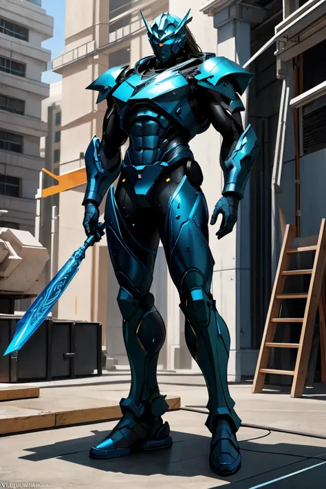 Photorealistic Highly detailed raw 8k photography masterpiece, volumetric lighting and shadows, Full body view, (Young man in Blue zzmckzz:1.2), Busy sculpting activity in Marble Quarries, Vibrant studio setting, Detailed characters, Intricate design details, Dynamic poses <lora:Mecha Suit Generator Concept v4.1:1>