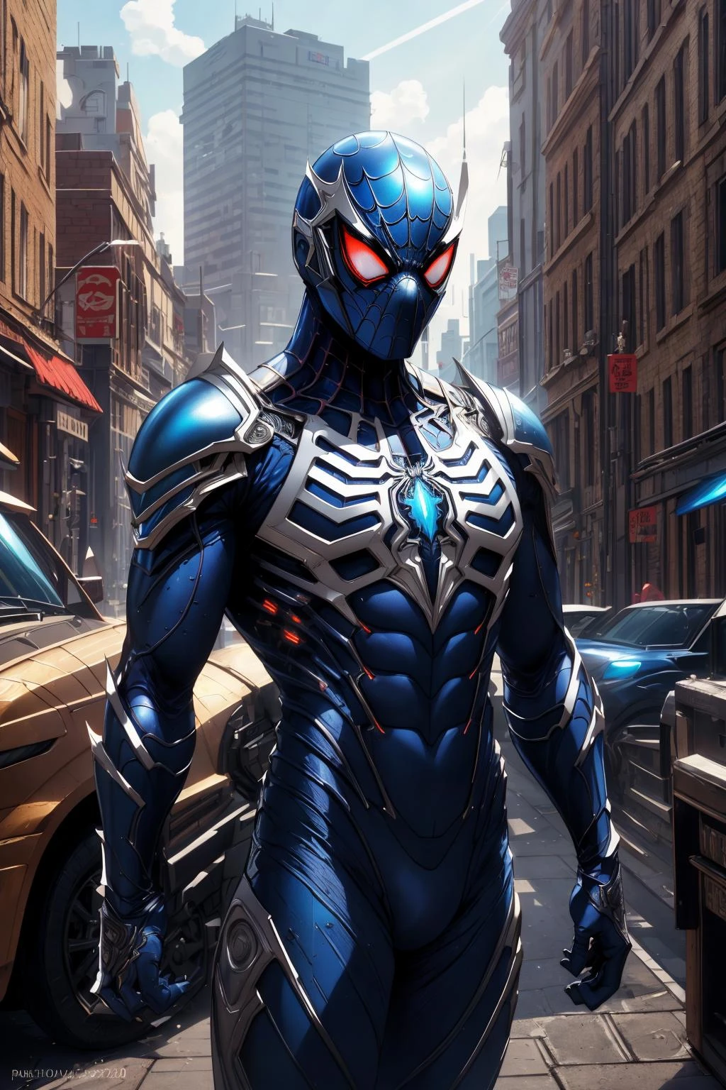 <lora:armspiderverse_v1-000007:1> armspiderverse, spidersuit
masterpiece, best quality, intricate details, highly detailed raw photography, Cartoon, soft focus, Real-Time Ray Tracing, cinematic lighting, large-scale, 8k-perfect-octane, DSLR, f/5.6, Shutter Speed 1/4 sec, ISO200, White Balance Shade, Exposure Compensation "-0.5 EV", Shutter Priority Shooting Mode, Symmetry and Balance, focus Mode Single, Partial Metering, perspective
1boy, blue bodysuit, armor, helmet, Standing with weight shifted to one leg, suggesting ease, glowing eyes, perfect sharp eyes, sharp focus, spider web print
hen house, art by Jeffrey Smith