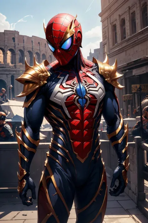 <lora:armspiderverse_v1-000007:1> armspiderverse, spidersuit
masterpiece, best quality, intricate details, highly detailed raw photography, Cell Animation, soft focus, Real-Time Ray Tracing, cinematic lighting, large-scale, 8k-perfect-octane, Dynamic Range, f/5.6, Shutter Speed 1/2000 sec, ISO200, White Balance Daylight, Exposure Compensation  "0 EV", Shutter Priority Shooting Mode, Rule of Thirds, focus Mode Continuous, Partial Metering, pov
1boy, ice bodysuit, armor, helmet, Standing with hands in front, suggesting submission, glowing eyes, perfect sharp eyes, sharp focus, spider web print
colosseum, art by Alex Ross