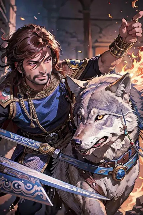 sword dance, (masterpiece, top quality, best quality, official art, high resolution), detailed face:1.2, anime, beautiful eyes, (handsome:1.2, tarkan and a Wolf:1.4), (Fu manchu mustache), tarkan,,extreme detailed,(joshua middleton comic cover art:1.1), (Action painting:1.2), masculine, (concretism:1.2),(hypermaximalistic:1.5),colorful,highest detailed,