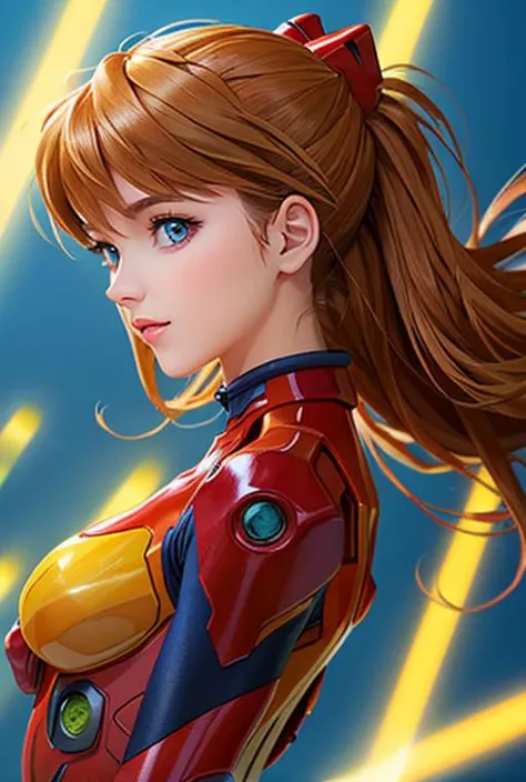 (best quality, masterpiece, colorful, highest detailed) upper body photo, fashion photography of cute (Asuka Langley), in high detailed textured Evangelion red plugsuit, (ultra-detailed body), (light smile:0.3), moonlight passing through hair, (colorful background:1.3), (intricate details), (dynamic angle) <lora:GoodHands-vanilla:1>