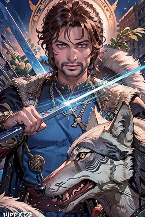 sword dance, (masterpiece, top quality, best quality, official art, high resolution), detailed face:1.2, anime, beautiful eyes, (handsome:1.2, tarkan and a Wolf:1.4), (Fu manchu mustache), tarkan,,extreme detailed,(joshua middleton comic cover art:1.1), (Action painting:1.2), masculine, (concretism:1.2),(hypermaximalistic:1.5),colorful,highest detailed,