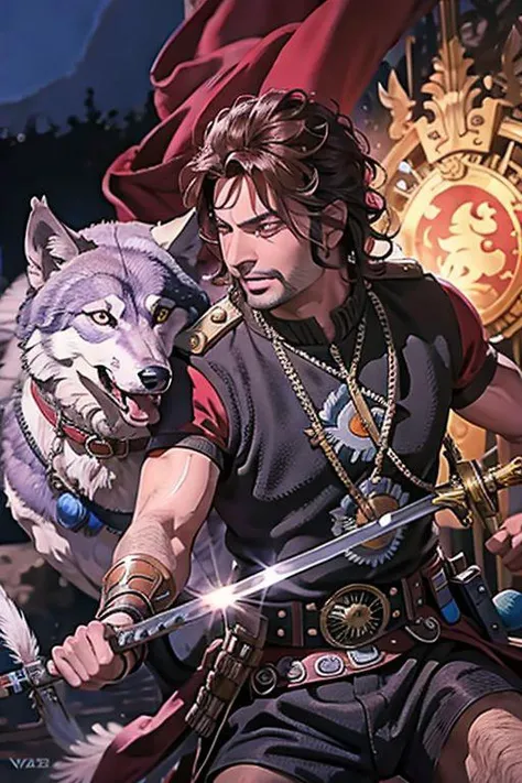 sword dance, (masterpiece, top quality, best quality, official art, high resolution), detailed face:1.2, anime, beautiful eyes, (handsome:1.2, tarkan and a Wolf:1.4), (Fu manchu mustache), tarkan,,extreme detailed,(joshua middleton comic cover art:1.1), (Action painting:1.2), masculine, (concretism:1.2),(hypermaximalistic:1.5),colorful,highest detailed,