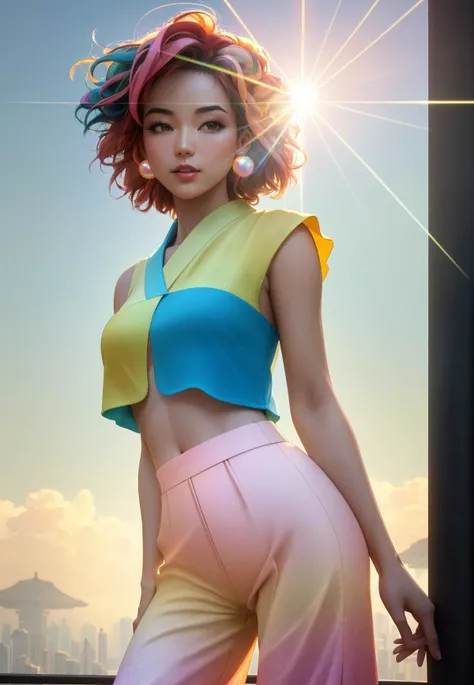 masterpiece of Cubo-futurism, highly detailed professional 8k Fractal, best quality, **Lens Flare**: Incorporates intentional flares and streaks caused by direct light hitting the camera lens, Enhanced high contrast and HDR for optimal image quality, tilt shift F/1.8 Medium shot, Hong Konger Bohemian Hippie, Rectangle or Straight: Bust, waist, and hips are similar in width with minimal waist definition, Pearl Pastel Yellow and Peachy Pink Highlights, Quizzical expression, Bold Printed Culottes with a Solid Color Blouse, stunning creative and insane Foggy Harbors background