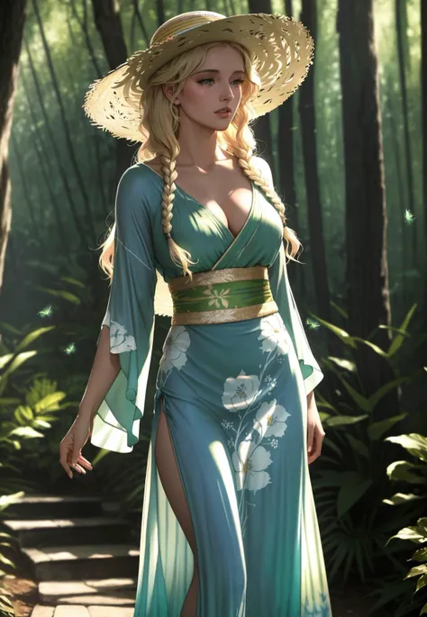 masterpiece of Pre-raphaelitism, highly detailed professional 8k Drone photo, best quality, **Cinematic Strobe Lighting**: Uses intermittent flashes of light to freeze action or add a stylized, cinematic feel, Enhanced high contrast and HDR for optimal image quality, horizon-centered 800mm lens from side, Shinto Old Hollywood Film Star, Hourglass: Balanced proportions with a well-defined waist, similar bust and hip measurements, Platinum Blonde Pastel Tie-Dye Cornrows, Disgust, Floral Maxi Dress with Straw Hat for a Casual Day Out, stunning creative and insane Firefly Forest background