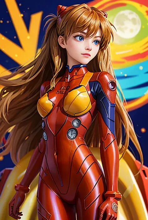 (best quality, masterpiece, colorful, highest detailed) upper body photo, fashion photography of cute (Asuka Langley), in high detailed textured Evangelion red plugsuit, (ultra-detailed body), (light smile:0.3), moonlight passing through hair, (colorful background:1.3), (intricate details) <lora:GoodHands-vanilla:1>