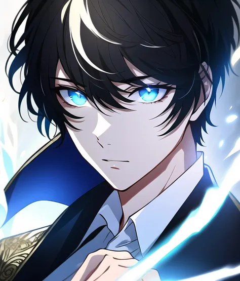 looking at viewer, ((1boy)), male focus, black hair, (detailed hair), ((very short hair)), half-closed eyes, (glowing eyes), blue eyes, outdoors, breaking, closed mouth, ((magic aura)), fantasy, black jacket, highres, superb, 8k wallpaper, extremely detailed, intricate, award-winning, hyper-detailed, hard lighting, intricate details, eyes focus, (illustration:1.1), highres,  trending on artstation, ((dynamic pose)), upper body, manhwa, (((masterpiece))), (highest quality), ((perfect face)), very deep eyes, (cinematic lighting), detailed eyes, best quality,  sidelight, highres, (intricate details), detailed finger