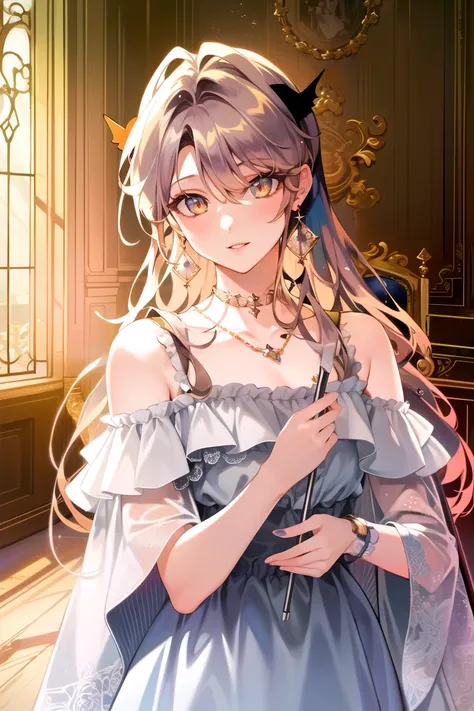 (shoujo-style, detailed hair, shoujo, blonde hair, romance manhwa), 1girl, red eyes, jewelry, earrings, solo, long hair, looking at viewer, collarbone, parted lips, hair between eyes, (((indoors, victorian background))), bare shoulders, bangs, gem, dress, necklace, eyelashes, upper body, hair intakes, makeup, ((flowing hair, wind)), turning head, (((cowboy shot))), shiny, (crowd background, golden rich interior), smile,
(Highres), 8K, Detailed, Ambient Light, Digital Art, Soft Lighting, (Hyper-Detailed Background:1.2), Messy Hair, (Mature Face:1.4), (beautiful face:1.15), (((masterpiece))), (highest quality), ((perfect face)), very deep eyes, (cinematic lighting), detailed eyes, best quality, realistic background, highres, (intricate details), detailed finger, extremely detailed, intricate, award-winning, hyper-detailed, hard lighting, intricate details, eyes focus, (illustration:1.1), highres, trending on artstation