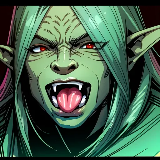 fantasy, goblin, 1monster, fantasy-style, , solo, tongue, green skin, monster, male focus, saliva, teeth, open mouth, sharp teeth, tongue out, tusks, colored skin, no humans, letterboxed, long tongue, orc, red eyes, colored sclera
(Highres), 8K, Detailed, Ambient Light, Digital Art, Soft Lighting, (Hyper-Detailed Background:1.2), Messy Hair, (Mature Face:1.4), (beautiful face:1.15), (((masterpiece))), (highest quality), ((perfect face)), very deep eyes, (cinematic lighting), detailed eyes, best quality, realistic background, highres, (intricate details), detailed finger, extremely detailed, intricate, award-winning, hyper-detailed, hard lighting, intricate details, eyes focus, (illustration:1.1), highres, trending on artstation