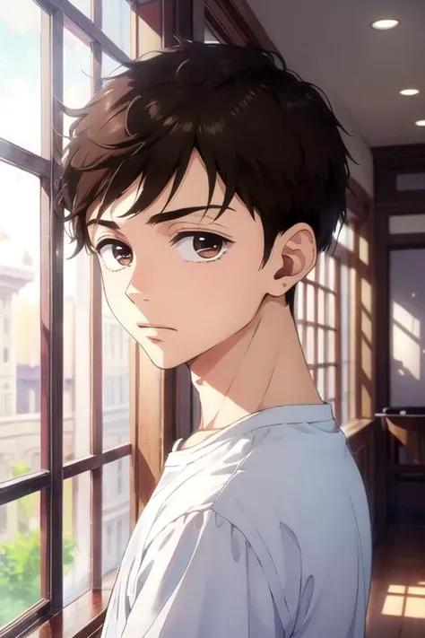 masterpiece, best quality, wallpaper, 1boy, solo, male focus, looking at viewer, upper body, depth of field, <lora:junpei_murao:0.74>, junpei_murao, brown hair, brown eyes, , The Palace of Dreams,
