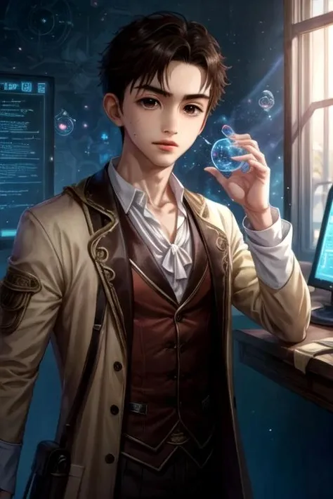 masterpiece, best quality, wallpaper, 1boy, solo, male focus, looking at viewer, , , <lora:junpei_murao:0.66>, junpei_murao, brown hair, brown eyes, renaissance costume, science fiction science fantasy,
