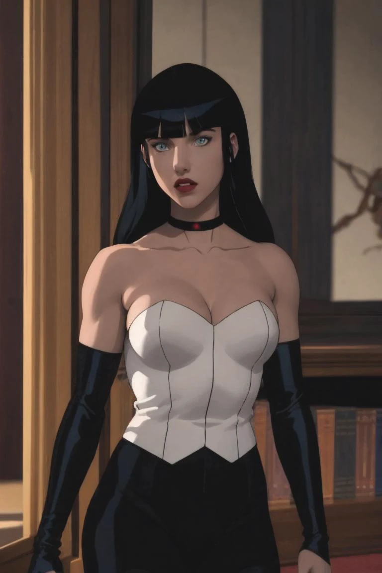 masterpiece, best quality, high quality, highres,  upper body, looking at viewer, twilight,  sunset, 
CARTOON_DC_JL_ZatanaDark_ownwaifu, www.ownwaifu.com, 
1girl, black hair, long hair, breasts, bangs, blunt bangs, blue eyes, lipstick, dress, makeup, large breasts, collarbone, hime cut, lips, black lips, white dress, toned, muscular, 
choker, bare shoulders, cleavage, elbow gloves, gloves, detached sleeves, strapless, black collar, black gloves, fingerless gloves, pants, strapless dress, 
<lora:CARTOON_DC_JL_ZatanaDark_ownwaifu-15:1>