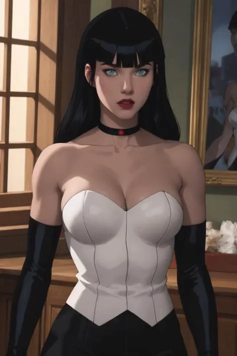 masterpiece, best quality, high quality, highres,  upper body, looking at viewer, twilight,  sunset, 
CARTOON_DC_JL_ZatanaDark_ownwaifu, www.ownwaifu.com, 
1girl, black hair, long hair, breasts, bangs, blunt bangs, blue eyes, lipstick, dress, makeup, large breasts, collarbone, hime cut, lips, black lips, white dress, toned, muscular, 
choker, bare shoulders, cleavage, elbow gloves, gloves, detached sleeves, strapless, black collar, black gloves, fingerless gloves, pants, strapless dress, 
<lora:CARTOON_DC_JL_ZatanaDark_ownwaifu-15:0.8>