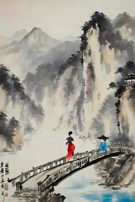 chinese ink painting, traditional media, liujiyou, 1 girl, wearing cheongsam, standing on the bridge, lake, chinese architecture, mountain, tower <lora:liujiyou-SDXL:0.8>