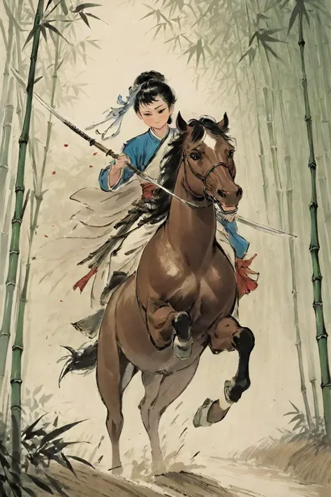 liujiyou, chinese swordman, riding horse, wind, flying petals traditional media, Bamboo groves <lora:liujiyou-SDXL:0.8>