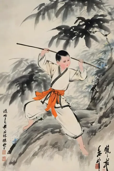 chinese ink painting, traditional media, liujiyou , 1 boy, solo,Holding a long stick, martial art , Shaolin Temple, long sleeves, <lora:liujiyou-000008:0.8>