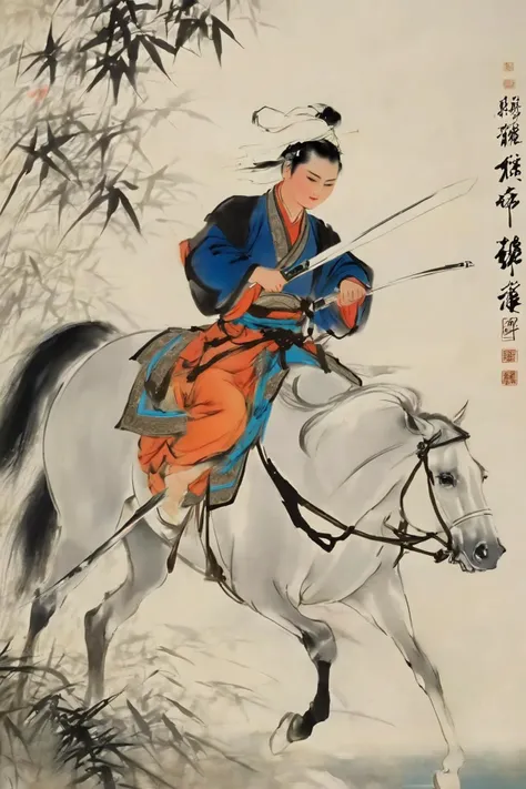liujiyou, chinese swordman, riding horse, wind, flying petals traditional media, Bamboo groves <lora:liujiyou-SDXL:0.8>