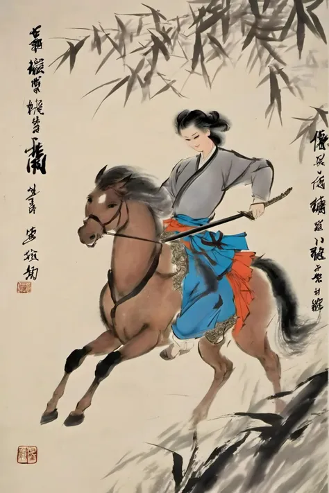 liujiyou, chinese swordman, riding horse, wind, flying petals traditional media, Bamboo groves  <lora:liujiyou-000008:0.8>