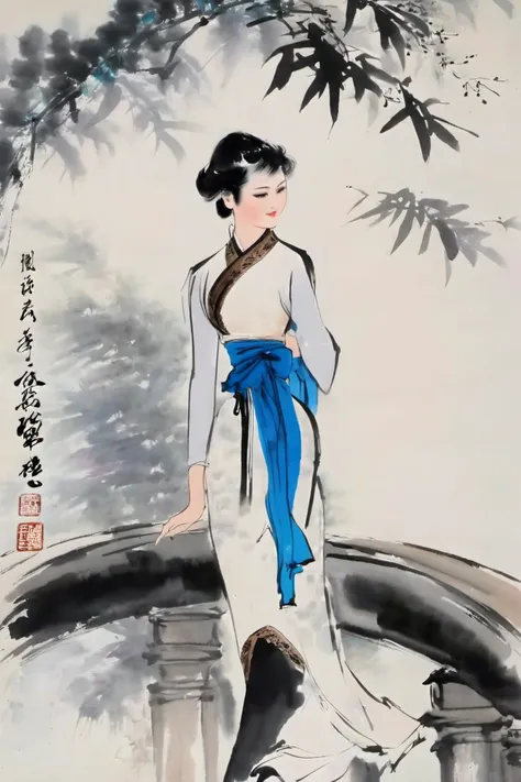 chinese ink painting, traditional media, liujiyou, 1 girl, solo, wearing cheongsam, standing on the bridge, <lora:liujiyou-000008:0.8>