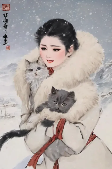 liujiyou, cat ,snow, white coat, frozen land, snow, traditional media, <lora:liujiyou-000008:0.6>