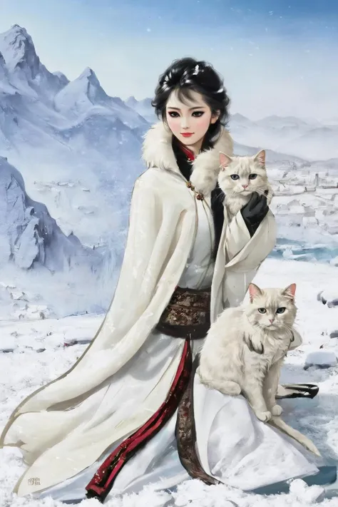 liujiyou, cat ,snow, white coat, frozen land, snow, traditional media,  <lora:liujiyou-SDXL:0.6>