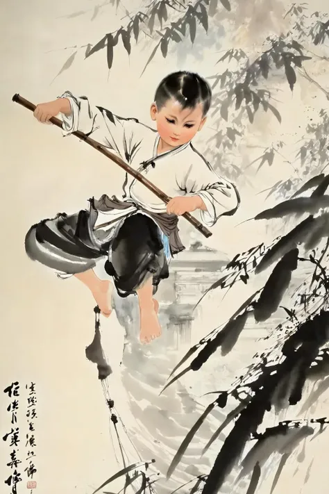 chinese ink painting, traditional media, liujiyou , 1 boy, solo,Holding a long stick,  martial art , Shaolin Temple, long sleeves,  <lora:liujiyou-SDXL:0.8>
