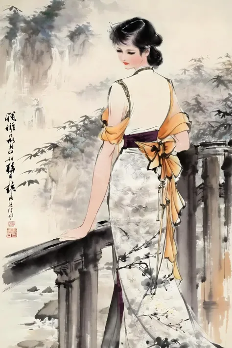 chinese ink painting, traditional media, liujiyou, 1 girl, solo, wearing cheongsam, standing on the bridge, <lora:liujiyou-SDXL:0.8>