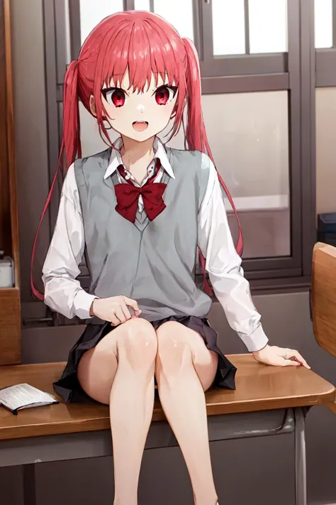 masterpiece, best quality, ayasakiremi, red eyes, twintails, open mouth, upper teeth, uniform, school, high school girl, bare legs, sitting on desk, black skirt, red hair, happy, 1girl,