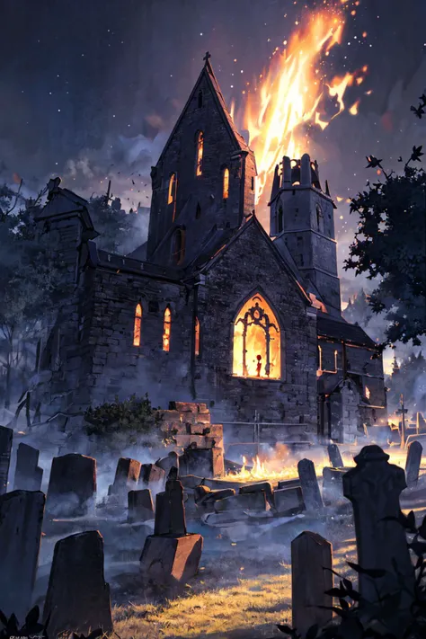 ((masterpiece)), (best quality), official art, extremely detailed CG, unity 8k wallpaper, ultra detailed, highly detailed, detailed background,
EdobChurchCemeteryCreepyNight, church, burning church, flame, fire on church, cemetery, black sky, in the dark,
shooting stars, 1girl running out of church, frightend expressions, leaves are floating in sky, windy,
<lora:EdobChurchCemeteryCreepyNight_v1.0:0.8>
